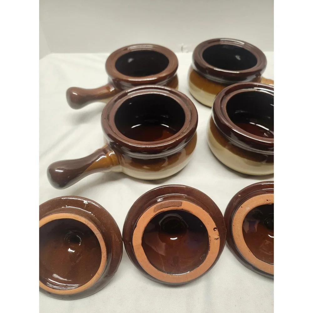 Vintage French Onion Soup Stoneware Crocks with Lids Brown Two Tone Set of 4